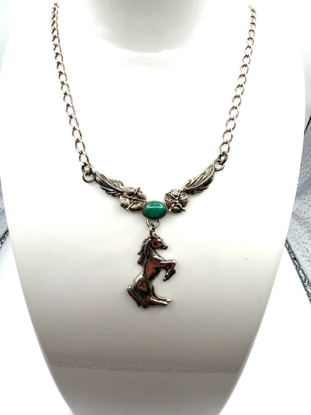 Vintage Sterling Silver Horse Pendant Necklace with Malachite Stone Mexico Made